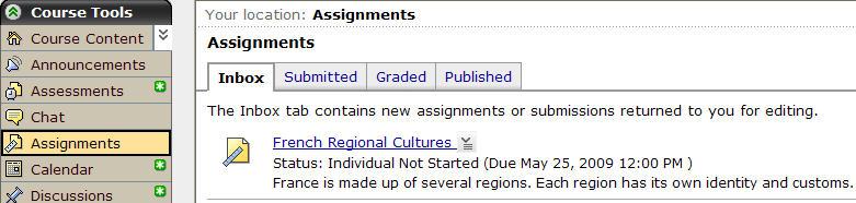 The assignments are organized on four tabs according to their current status. The new assignments or submissions returned to you for editing are listed on the Inbox tab.