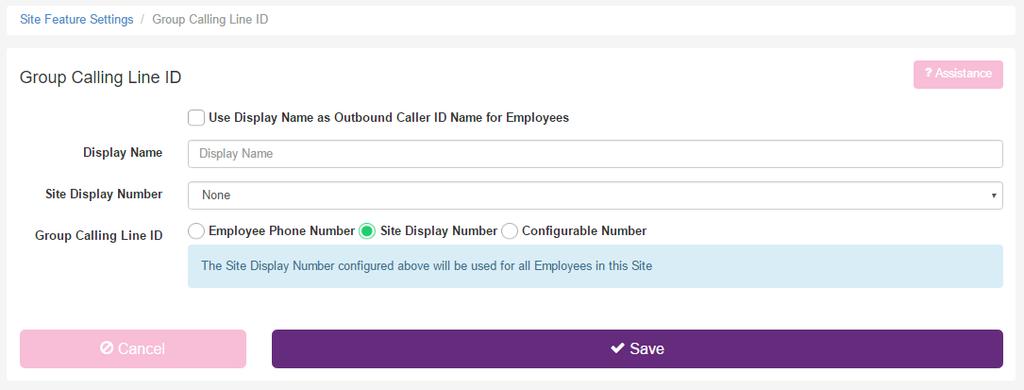 To enable the Group Calling Line ID as the default group number for ALL Users on a Site: Select the public phone number that will be the Calling Line ID for all outgoing calls for all Users from the
