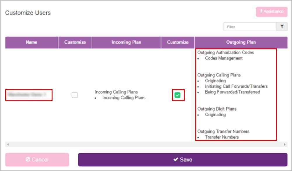From the Site Feature Settings, Calling Plans page, click Customize Users in box on the left. Select the Customize box in the Outgoing Plan column for the required User.