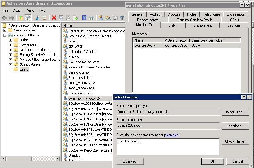 Adding SonaExservices Group to the Journal Mailbox user 1. Go to Active Directory Users and Computers on the Exchange Server 2. Select Users 3.