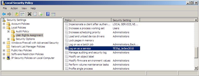 Assigning Log On As A Service rights to the Global Security Group on each Exchange Server Local Security Settings To add the group to Log on as a service, do the following Open Administrative Tools