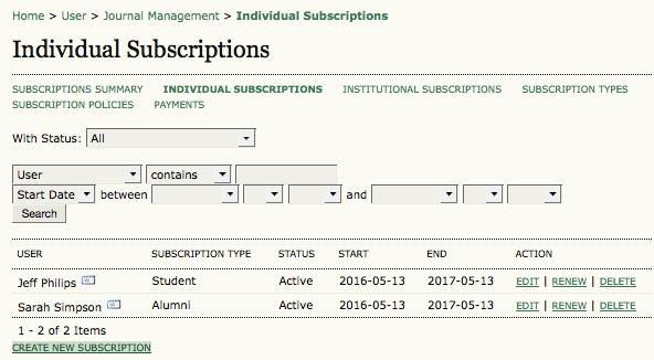 Subscriptions Individual Subscriptions The Individual Subscriptions section allows you to see all individual subscribers,
