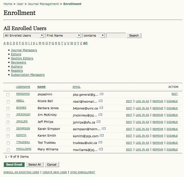 To see a list of all of your journal's registered users, select Users Enrolled in this Journal.