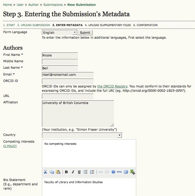 Submission Step Three: Entering the Submission's Metadata Submission Step Three: Entering the Submission's Metadata The third step of the submission process serves to collect all relevant metadata
