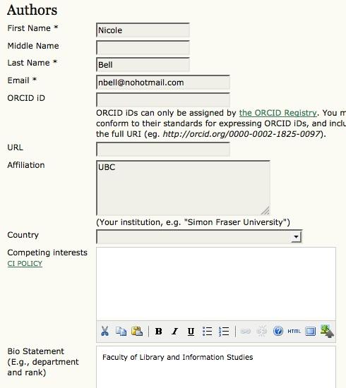 Submissions Using the Edit Metadata link allows you to make any necessary changes to the information supplied by the Author, including author information.