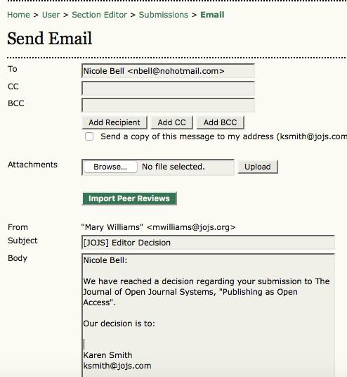 Submissions In Review After sending the message to the author, the option to send a BCC copy to reviewers is presented.