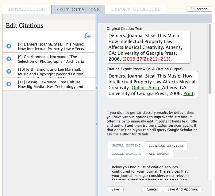 Submission References Clicking on an individual citation in the left pane will display information on that citation in the right view pane.