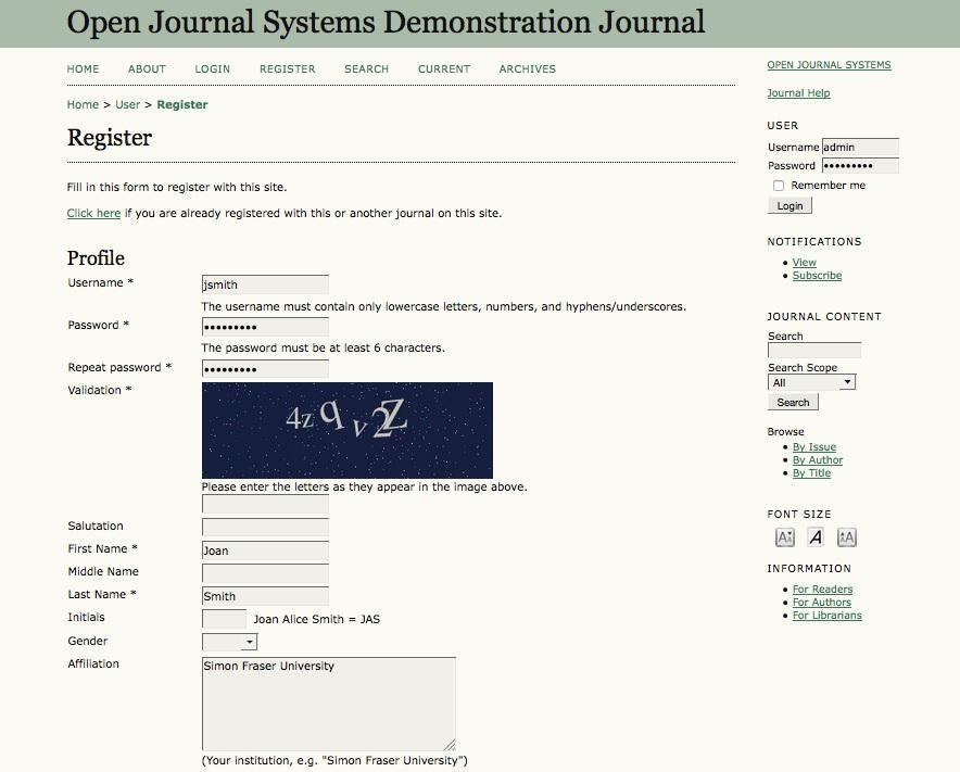 Registering with a Journal Registering with a Journal Unregistered visitors to a journal can normally register as a Reader, Author, and/or Reviewer.