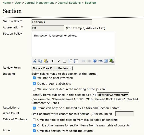 Journal Sections Further down this same form, choose a user as the Section Editor for this journal section.
