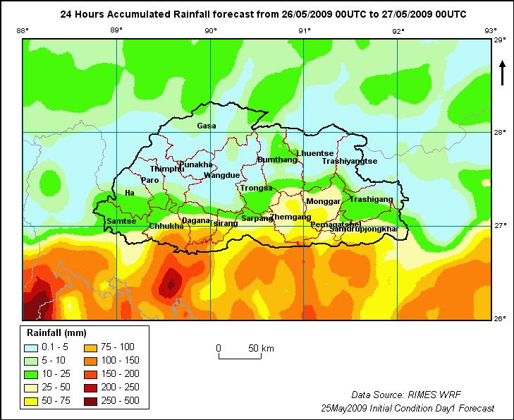 Figure 5 Map showing RIMES WRF forecast map(25may2009 Day1 fcst) for Bhutan region.