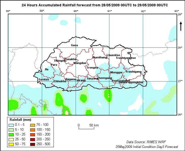 Figure 7: Map showing RIMES WRF forecast map (25May2009 Day3 fcst) for Bhutan region.