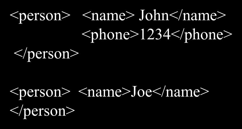 XML is semi-structured Missing elements: <person> <name> John</name> <phone>1234</phone> </person>