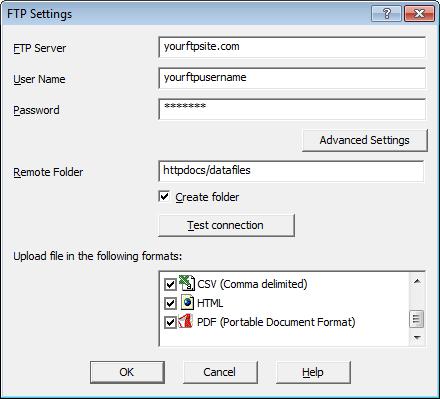 Chapter 6 Customizing the software 101 Once you have clicked the "FTP Settings" button a dialogue window will appear, allowing you to enter the configuration data for the FTP site access.