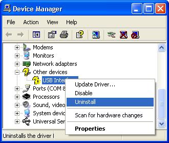 Chapter 10 Appendix 157 2 For each "USB Interface" entry displayed, using the mouse (pointing device), click the right button on the text of the "USB Interface" entry to display the popup context
