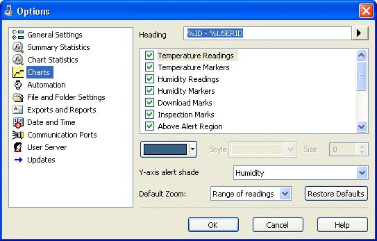 90 LogTag Analyzer User Guide (2.0) Charts The Charts options allow the various aspects of the charts that display the readings recorded by LogTags to be customized.