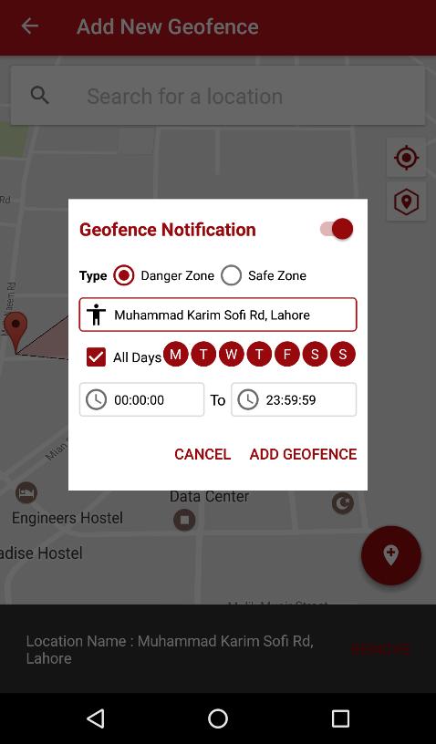 Geofence name and tracking days / time Once you marked the area for tracking you need to select the fence as safe / danger zone, just put the customize name of geofence e.