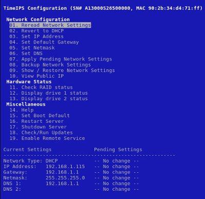 Using the Menu to Set or View the IP Address The TimeIPS VM image will boot to a menu providing a number of basic functions, including viewing and setting the IP address, switching from DHCP to