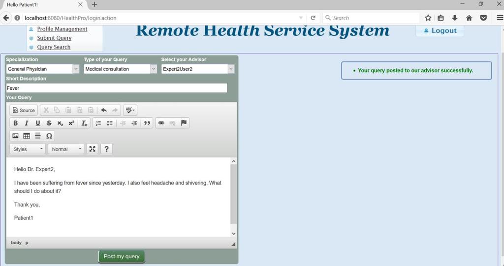 81 Submit Query Patient Screen (Success message):