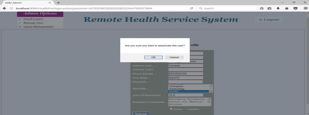 Expert) Admin Screen: The Admin can deactivate a Medical Expert by selecting Inactive option