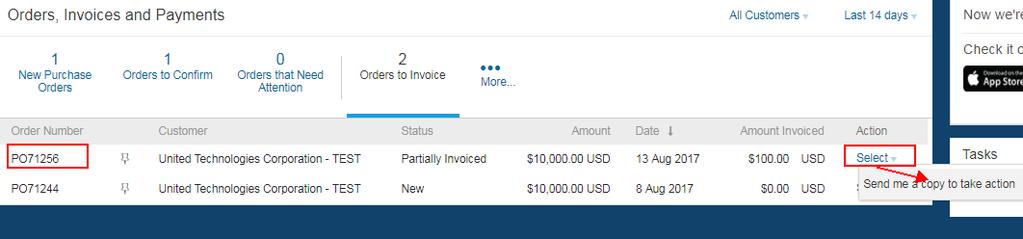 If you want to invoice on a PO, but you deleted/lost the original email, simply click on Orders to Invoice tile. On PO actions Click on Select and click on Send me a copy to take action.