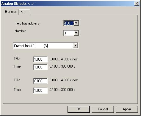 1MRS755871 REF 542plus General Fig. 4.3.6.1.-2 General tab in the configuration dialog box Analog Objects A060056 This is automatically assigned but can also be changed in the adjacent set limits.