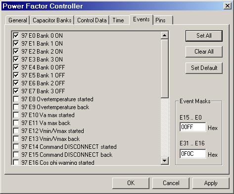 REF 542plus 1MRS755871 Events Fig. 4.3.6.7.-6 Events tab, function block Power Factor Controller A060074 The main part in the Events tab is the list of events.