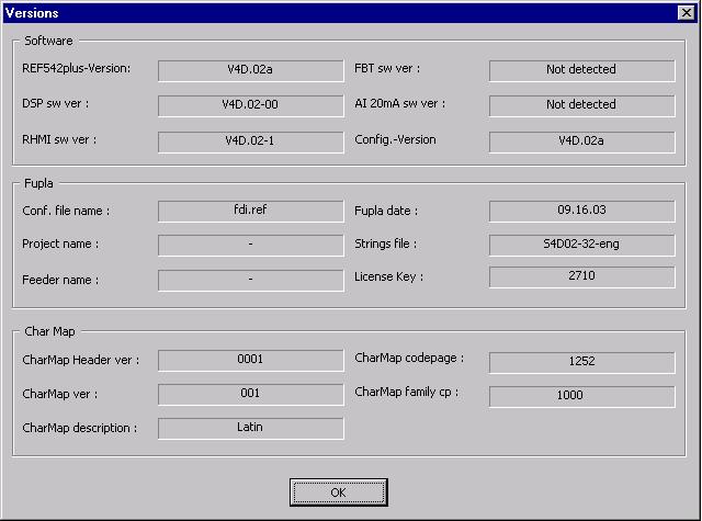 Fig. 3.5.9.2.-2 Software, FUPLA and Char Map versions dialog box A051669 The versions are divided into three groups: 1.