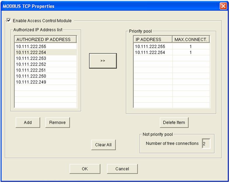REF 542plus 1MRS755871 Fig. 3.5.9.4.-3 MODBUS TCP properties dialog box A060419 The access right is defined by the authorized IP address.