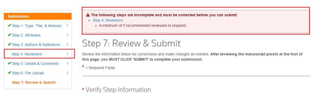 Step7 Review AND Submit(3) If required fields have not been completed, you will receive an error at the top of the screen and the left menu will not