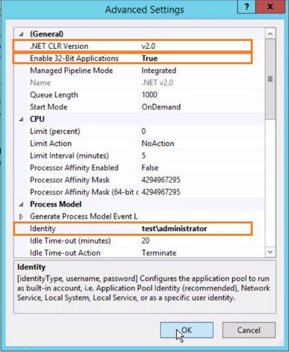 d In the Advanced Settings dialog box, configure the following settings. Option.NET CLR Version Description Verify that the value is v2.0.