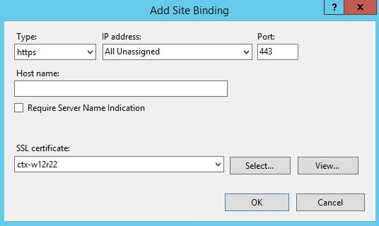 3 Add the HTTPS binding using the certificate you created. a b c d Click Add. In the Type field, select https. If you are using IIS 8.0 or later, verify that the Host name field is empty.