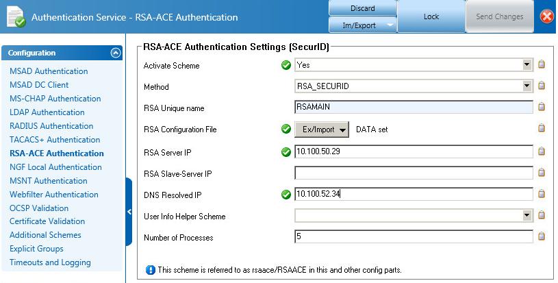 4. From the left menu, select RSA-ACE Authentication. Click the Lock button to be able to edit the configuration settings. 5.