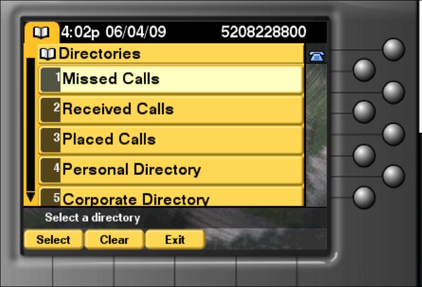 [Call Logs] [View Missed, Received and Placed Calls] Press the Directories button Use the Navigation button to select the desired directory, and click the Select soft key To place a call from any
