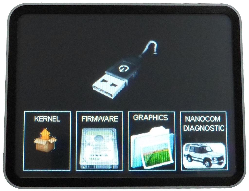 Put the Nanocom Evolution unit into Kernel Upgrade mode by connecting the unit (without a SD card inserted) to the PC with the USB lead, then from the menu of 4 icons appearing on the screen, select