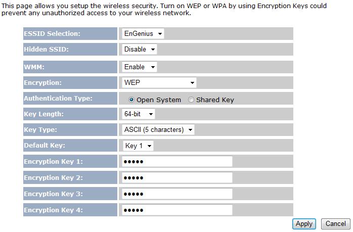5.5 Wireless Security Settings The Wireless Security Settings section lets you configure the EOA7530 s security settings. We strongly recommend you use WPA2 PSK AES for your security settings. 5.5.1 WEP (Access Point) ESSID Selection Hidden SSID WMM Encryption Authentication Type The EOA7530 supports four SSIDs.