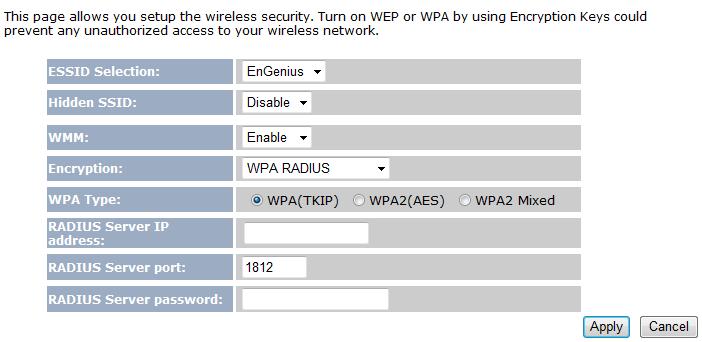 ESSID Selection Hidden SSID WMM Encryption WPA Type The EOA7530 supports four SSIDs. Each SSID can be configured to use a different type of authentication.