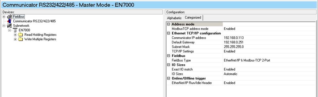 EN7000 & Anybus Communicator EIP/MODBUS-RTU user guide 5 Right-click on the Communicator node and select Connect Select the Fieldbus node Enter new values for the IP address, gateway and subnet mask