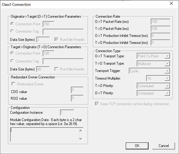 EN7000 & Anybus Communicator EIP/MODBUS-RTU user guide 6 The screenshot shows the parameters used to establish a Class 1 connection: The 005A000C00540300.