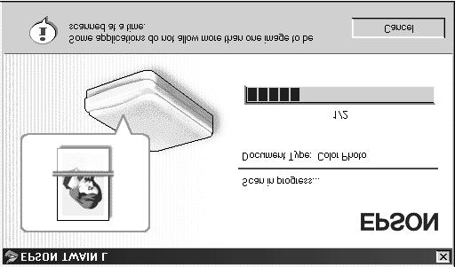 4. The following window appears. The progress bar appears, indicating the document type. If you scan multiple photos, the number of scanned image will be indicated.