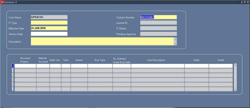 When opening the Electronic IT form, the Find Journals box will appear. Click on the button labelled New. IT Type The form will automatically populate with the Initiator s name and telephone number.