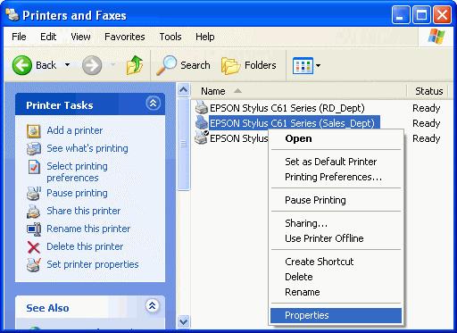 Change Printer: Step 1: Select Control Panel. Select Printers and Faxes. Right click on printer EPSON Stylus C61 Series (Sales_Dept) icon. Click on Properties.