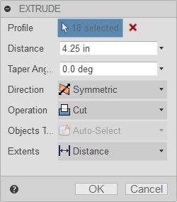 In the Extrude dialog box that is presented, set the Direction option to Symmetric and set the distance to 4.25 or any value that will extend the cut beyond the edges of the body.