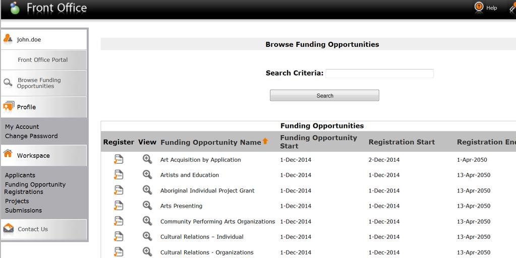 3. Click on the Browse Funding Opportunities link on the left hand menu bar to locate the program to which you would like to apply.