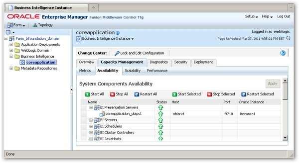 Note 2: An OBIEE 11g system (or Oracle BI Domain) is generally managed through a combination of Oracle Enterprise Manager Fusion Middleware Control, part of the Enterprise Manager family, or through