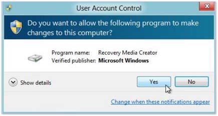 2 of 9 4/17/2015 7:19 AM As expected, User Account Control pops up. Click Yes to verify that you know what you're doing. Create a recovery drive window opens.