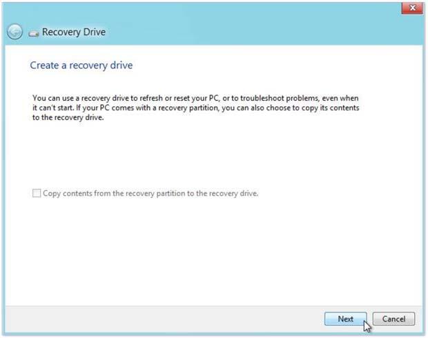If you cannot enable the Copy contents from the recovery partition to the recovery drive option while creating a Recovery Drive in Windows 8 or 8.1, you need to copy Windows install.
