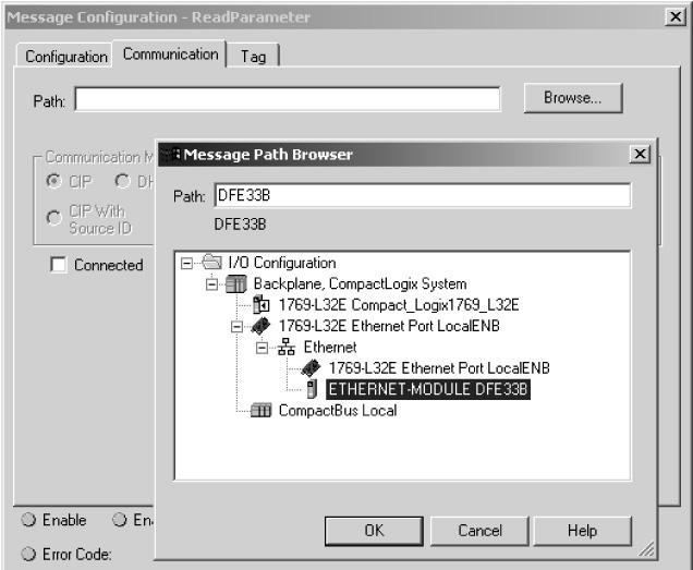 Project Planning and Startup (EtherNet/IP) Project planning examples in RSLogix5000 5 5. Set the target unit in the "Communication" tab page. Click <Browse>.