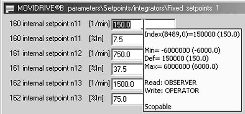 In this example, P160 fixed setpoint n11 (index 8489) has the value 150 rpm (Error response see section "Return codes for parameter setting via explicit messages").