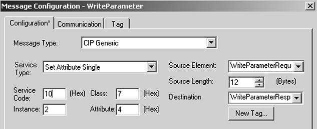 11771AXX Create a rung for executing the "WriteParameter" command (see following figure). For the contact, choose the "WriteParameterStart" tag. For message control, choose the "WriteParameter" tag.