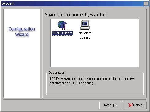 TCP/IP Wizard 1. Click Wizard button just like a picture < >.and select TCP/IP Wizard. 2 Select Obtain an IP address from DHCP server. If there is a DHCP server on your network.